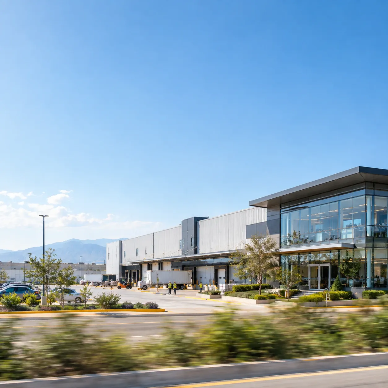 Centro de distribución de Comex con andenes de carga y oficinas de cristal