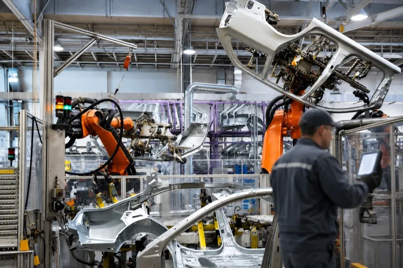 Línea de ensamble automotriz con brazos robóticos y un técnico supervisando desde una tableta