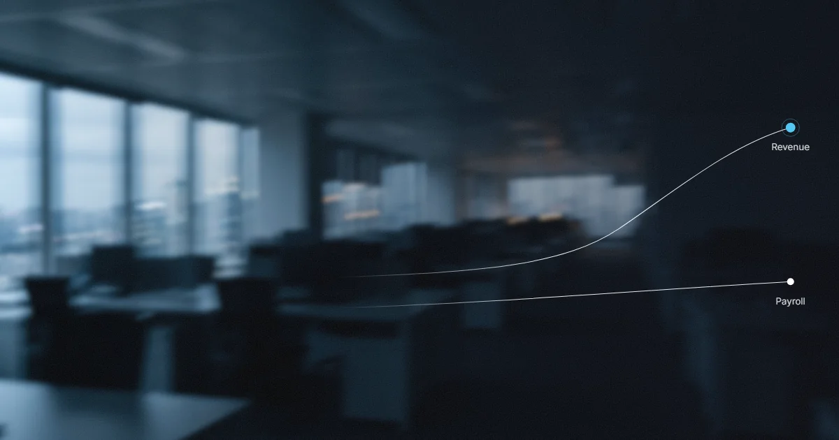 A dimly lit office with two curves overlaid: revenue climbs steeply while payroll stays almost flat