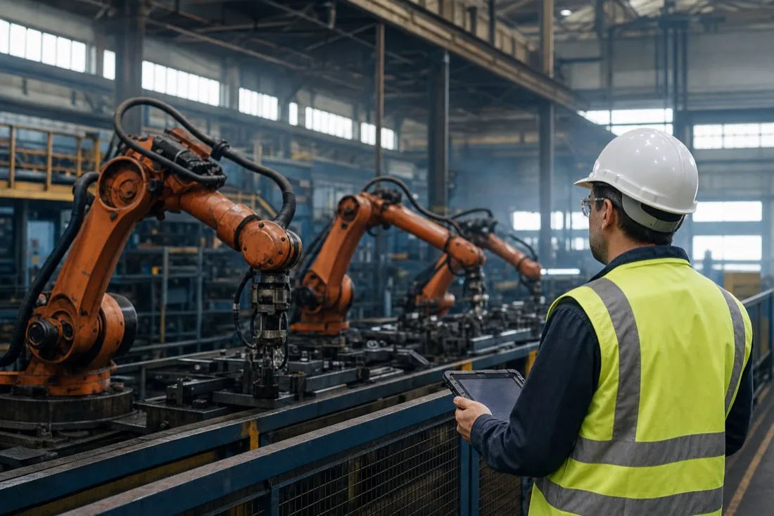 Brazos robóticos en una línea de producción, con un ingeniero supervisando desde una tableta