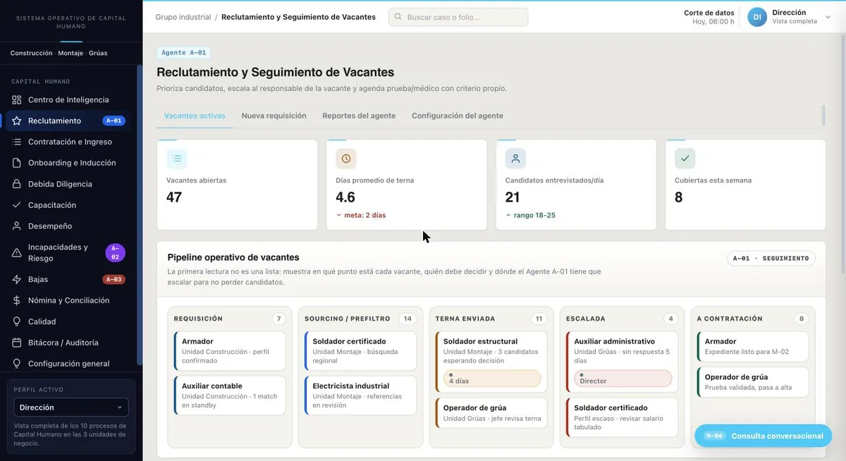 Pantalla de la demo: Vacante con su terna