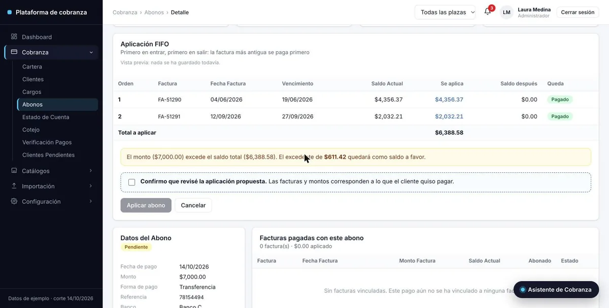 Pantalla de la demo: Un pago aplicado con revisión