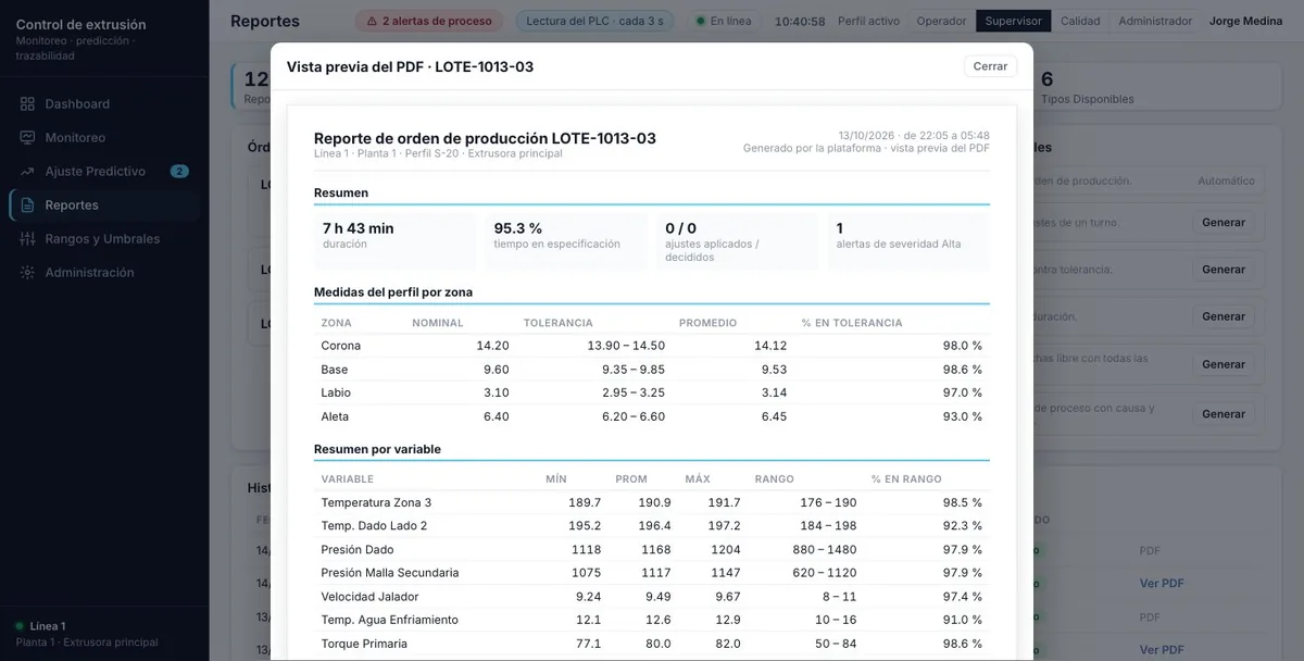 Pantalla de la demo: Una orden de producción con su reporte