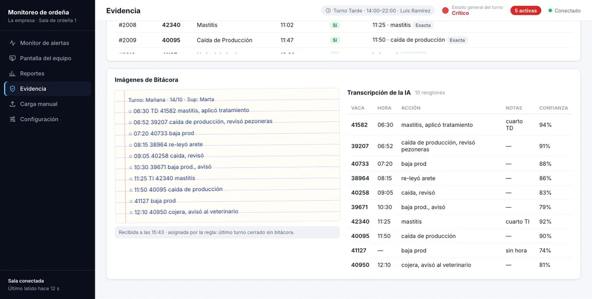 Pantalla de la demo: La bitácora llega por WhatsApp