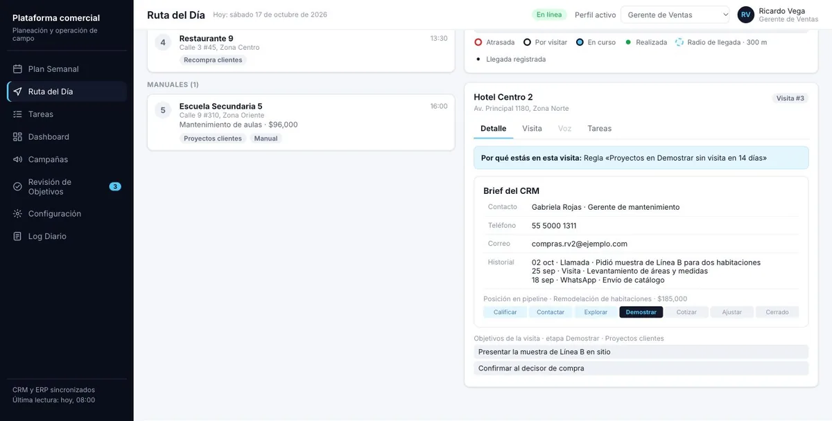 Pantalla de la demo: La ruta del día con el brief del CRM