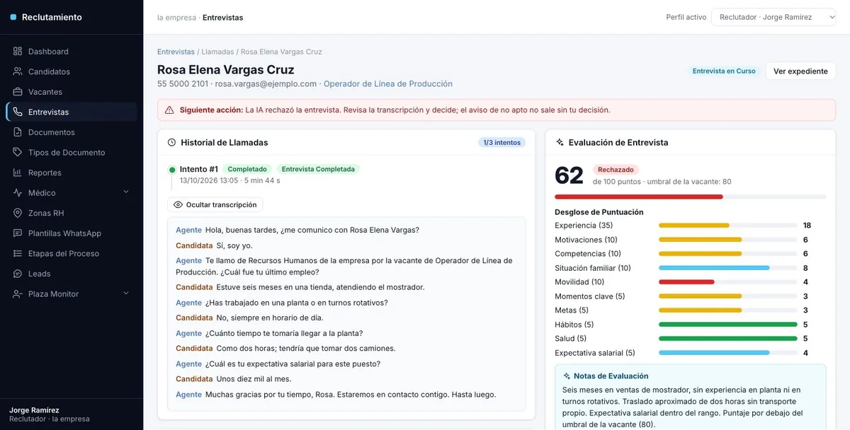 Pantalla de la demo: Entrevista por voz evaluada