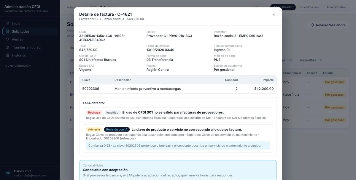 Pantalla de la demo: Una factura con hallazgos
