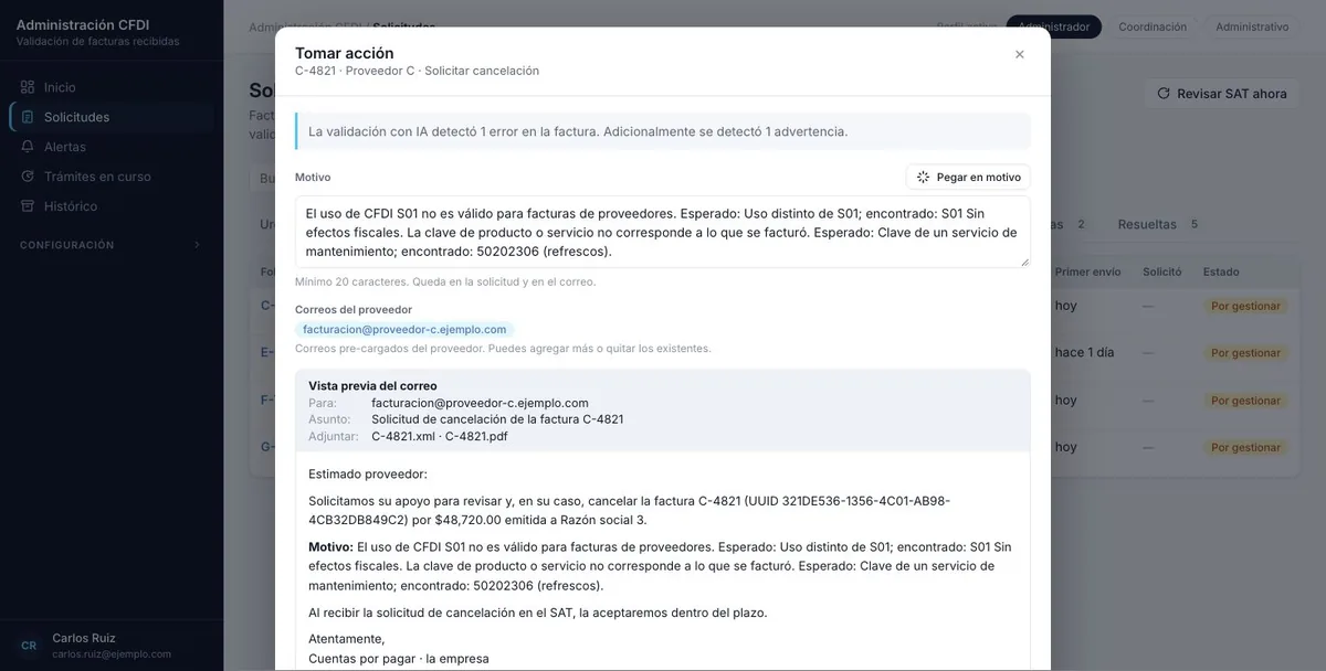 Pantalla de la demo: La cancelación pedida al proveedor